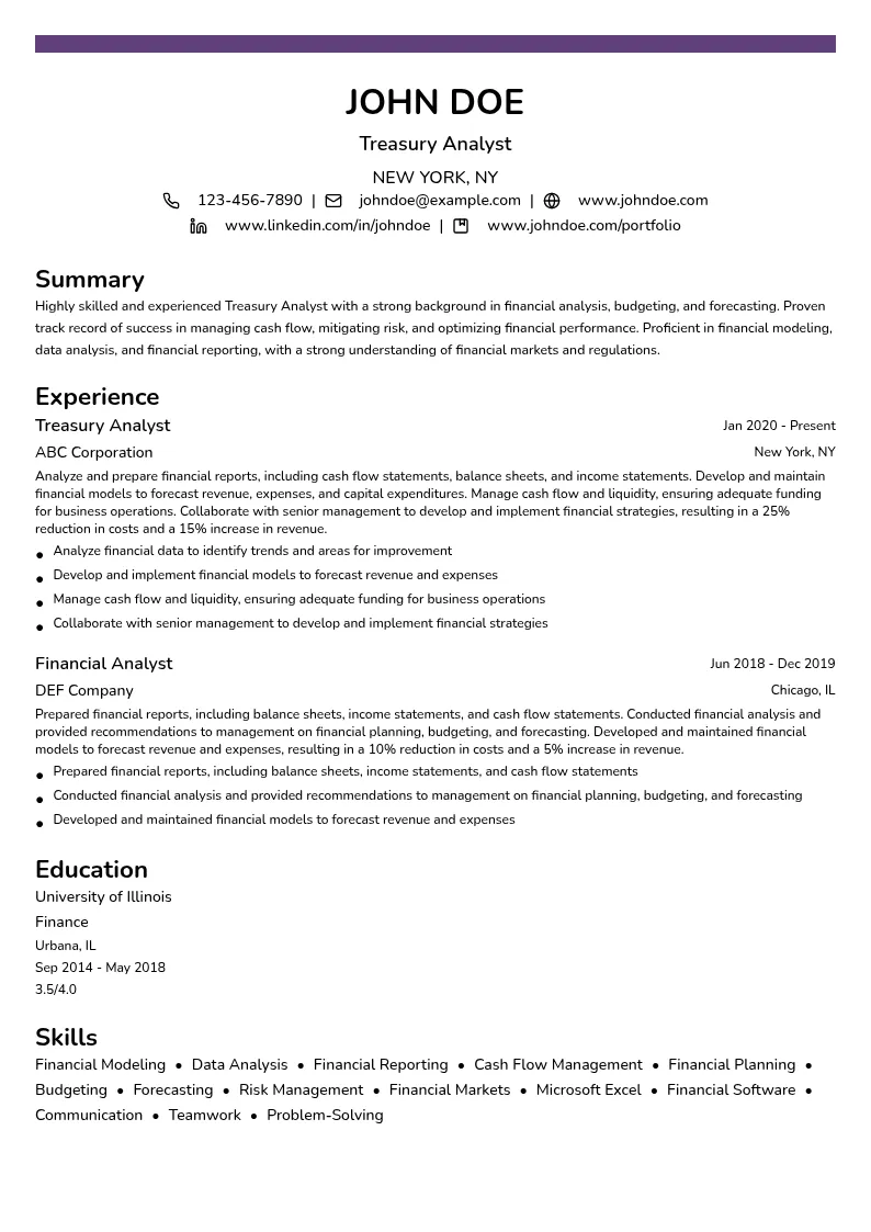 Treasury Analyst resume example
