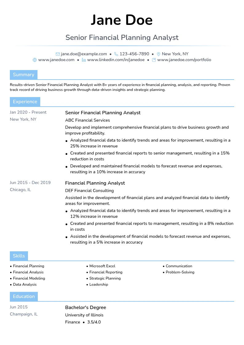 Senior Financial Planning Analyst resume example