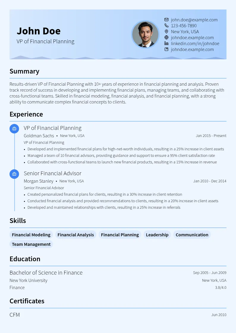 VP of Financial Planning resume example