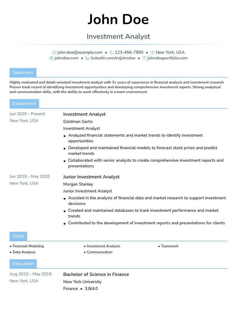 Investment Analyzer resume example