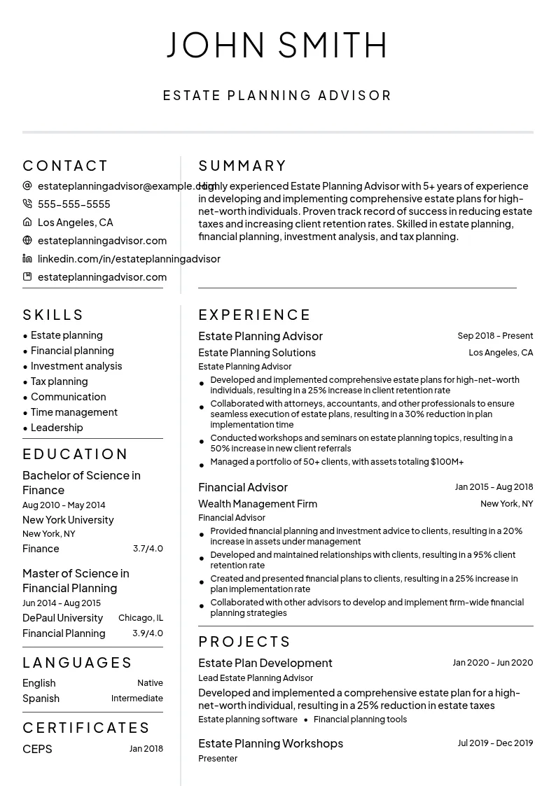 Estate Planning Advisor resume example