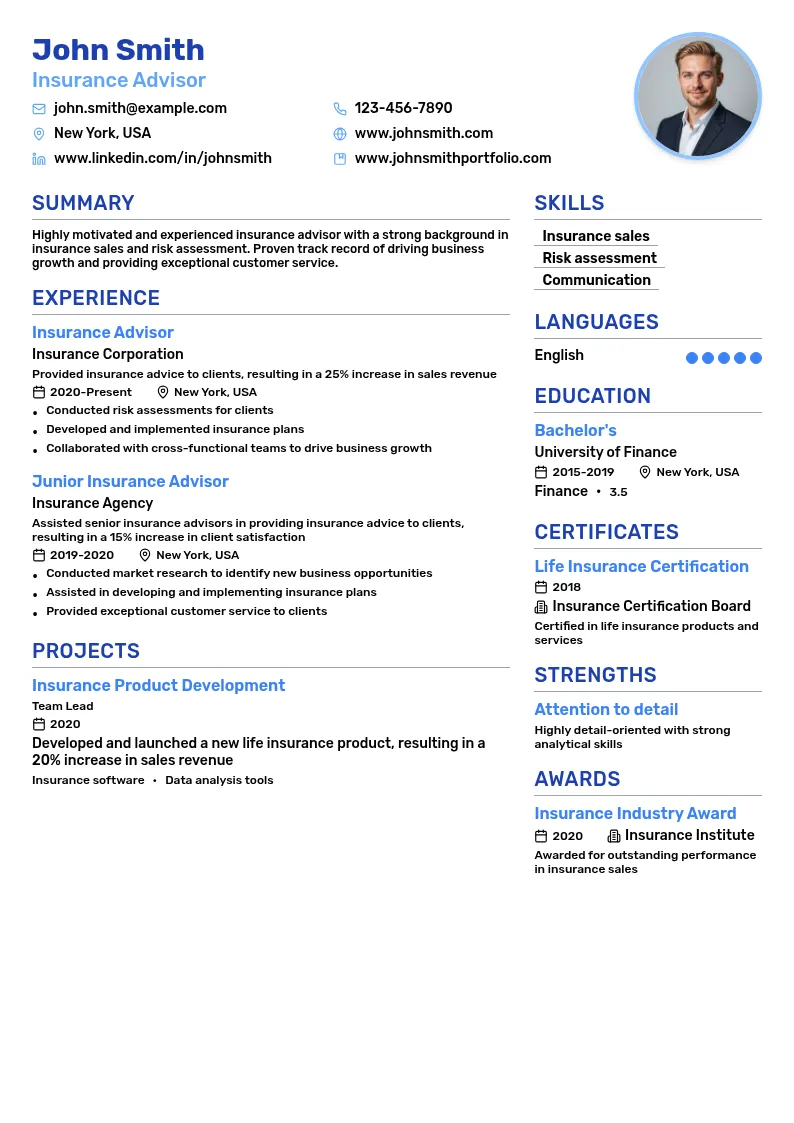 Insurance Advisor resume example