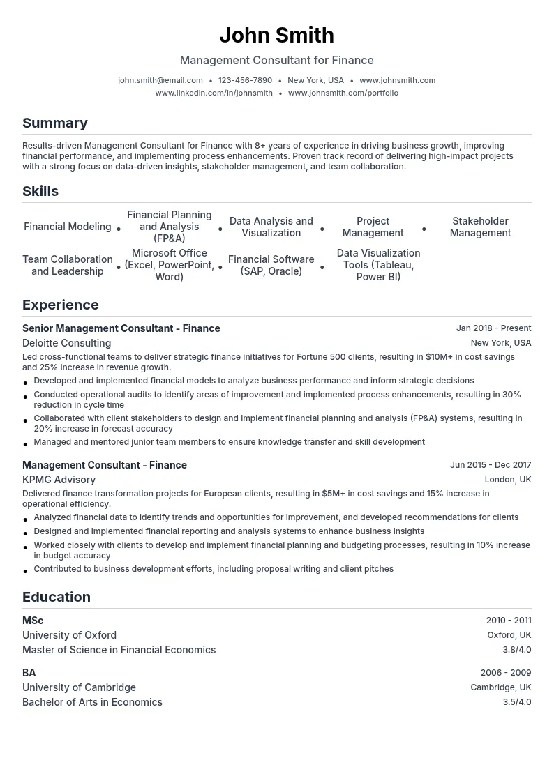Management Consultant for Finance resume example