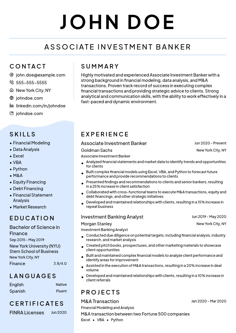Associate Investment Banker resume example