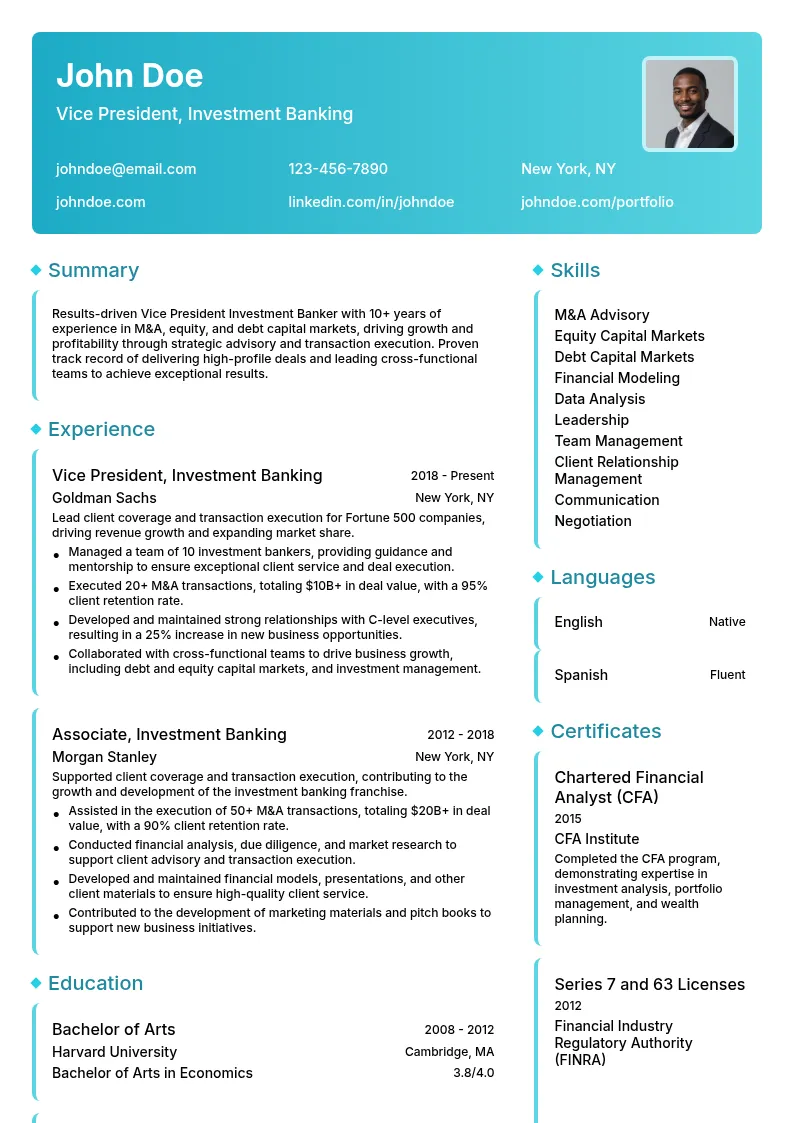 Vice President Investment Banker resume example