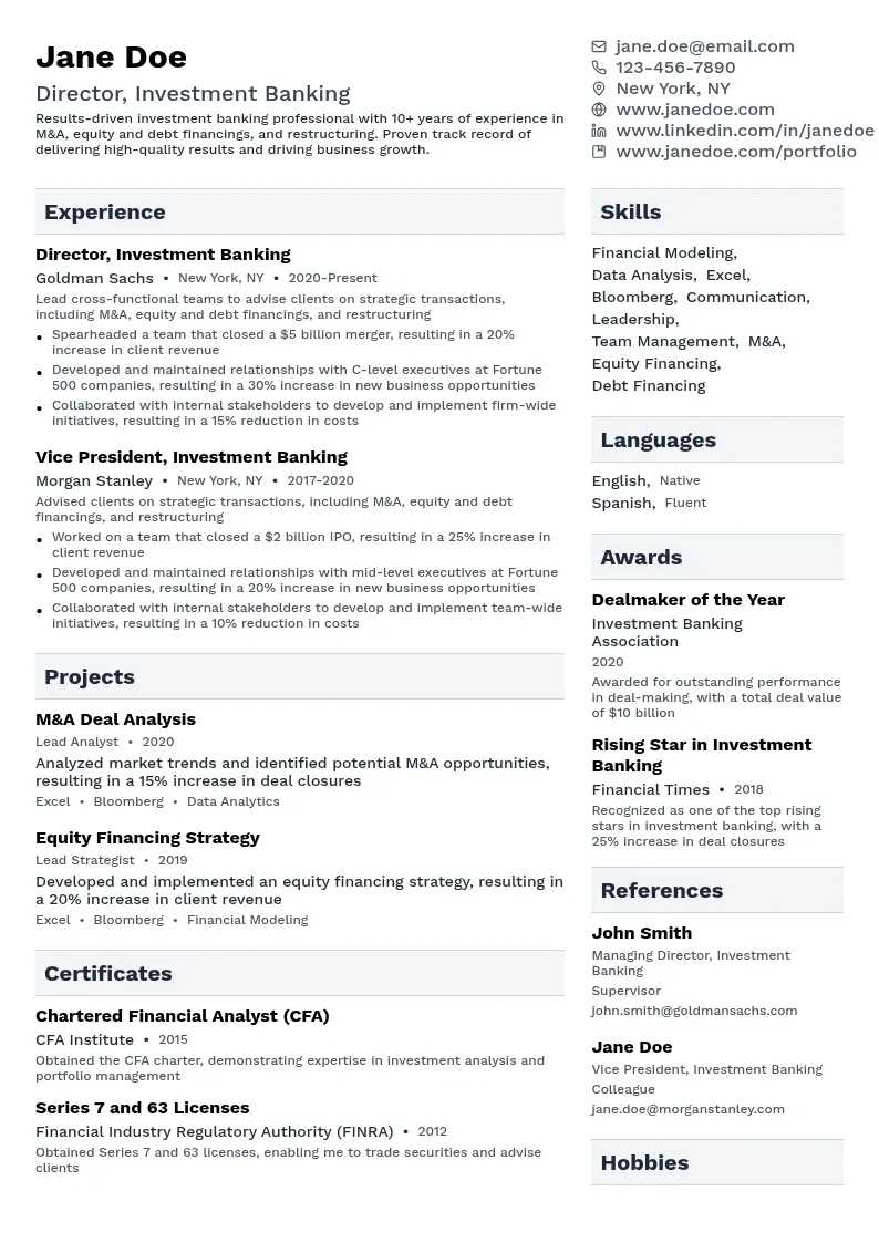 Director Investment Banker resume example