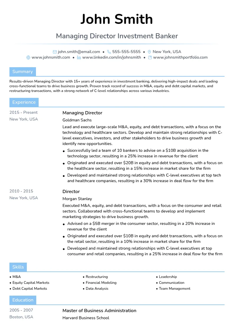 Managing Director Investment Banker resume example