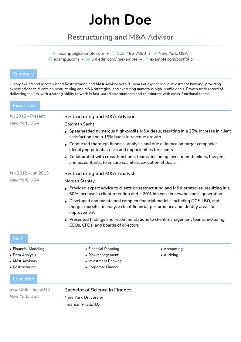Restructuring and M&A Advisor resume example