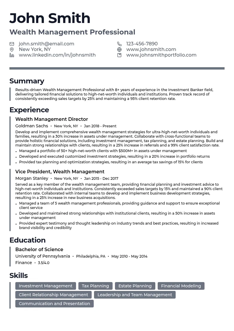 Wealth Management Professional resume example