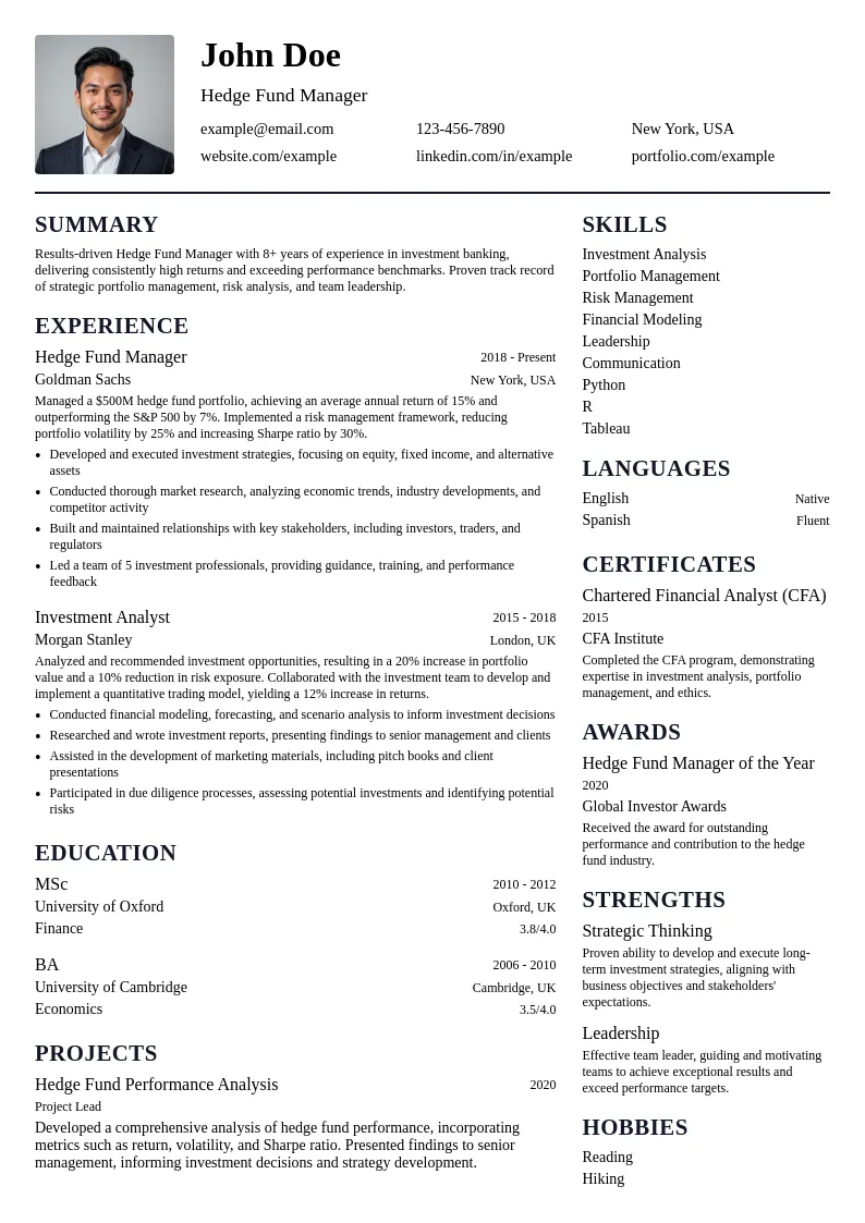 Hedge Fund Manager resume example