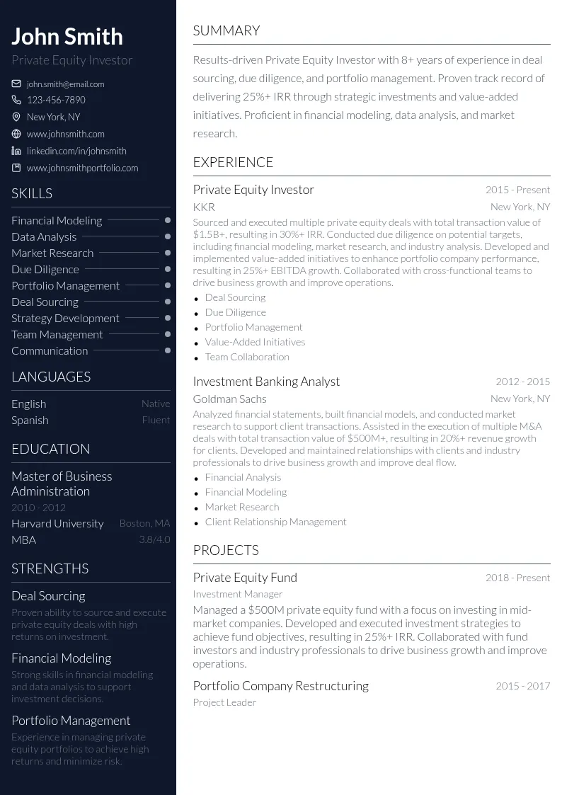 Private Equity Investor resume example