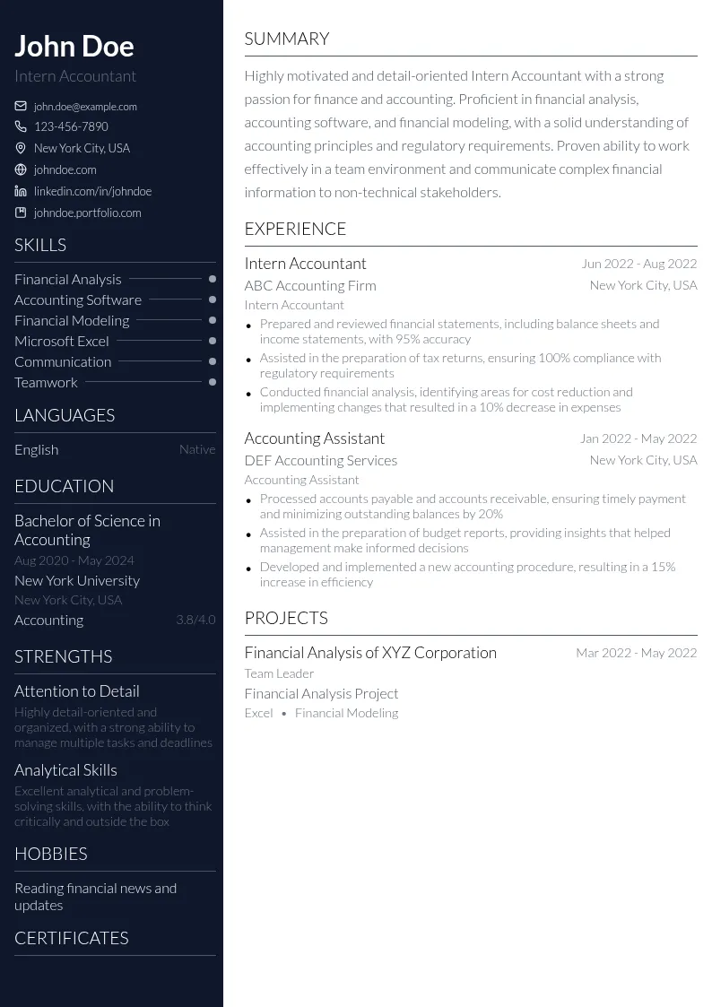 Intern Accountant resume example