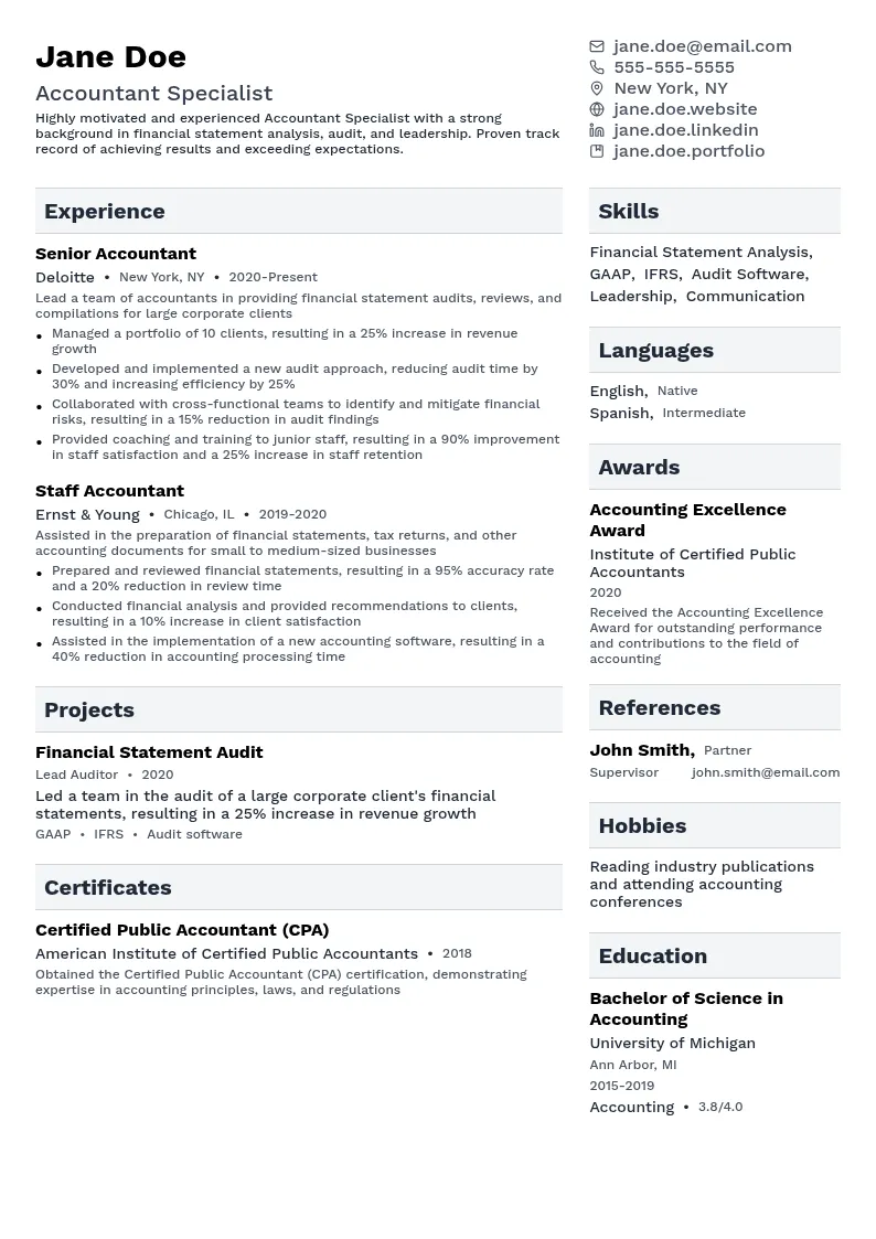 Accountant Specialist resume example