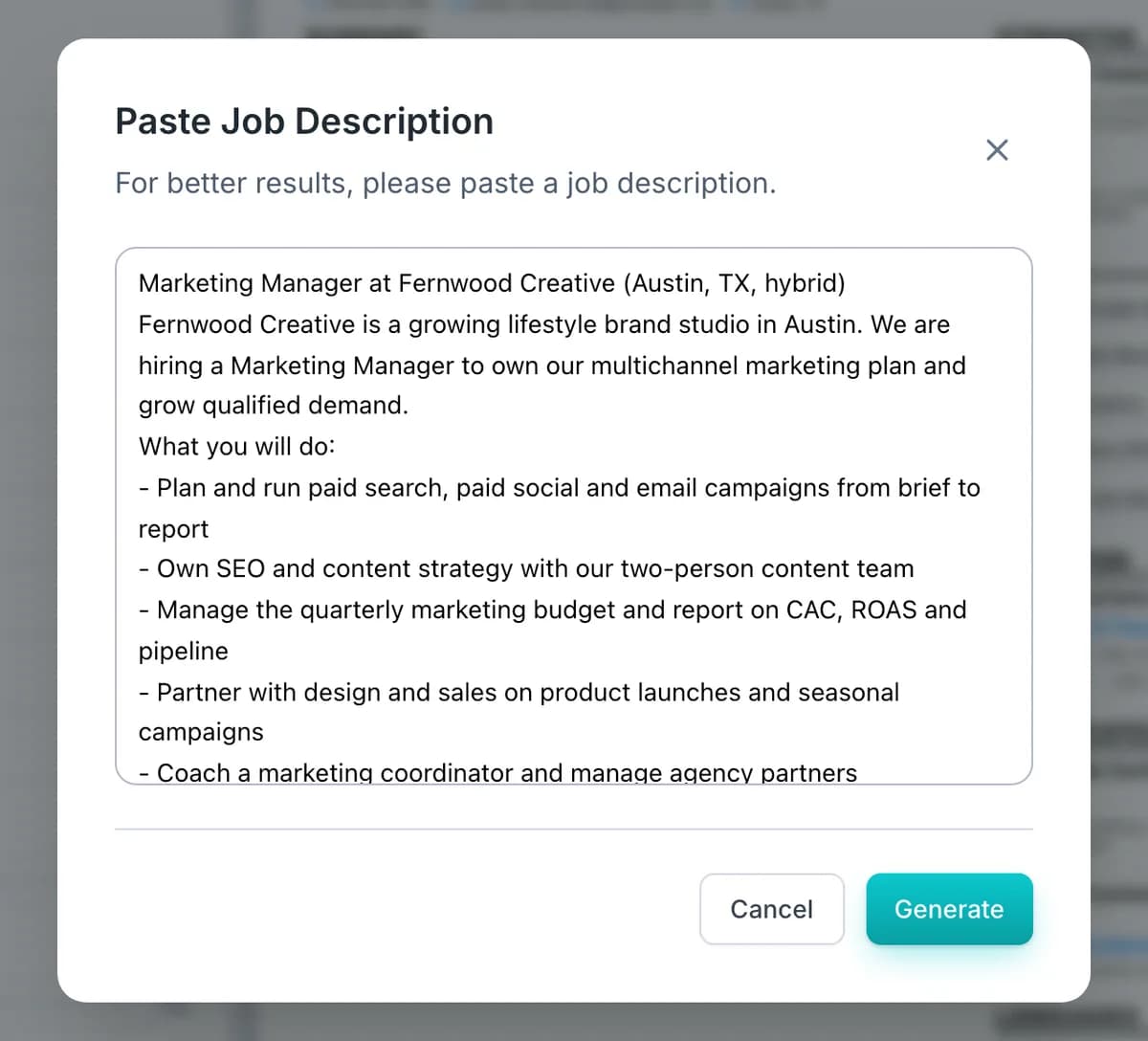 Janela para colar a descrição da vaga com um anúncio fictício e o botão Gerar