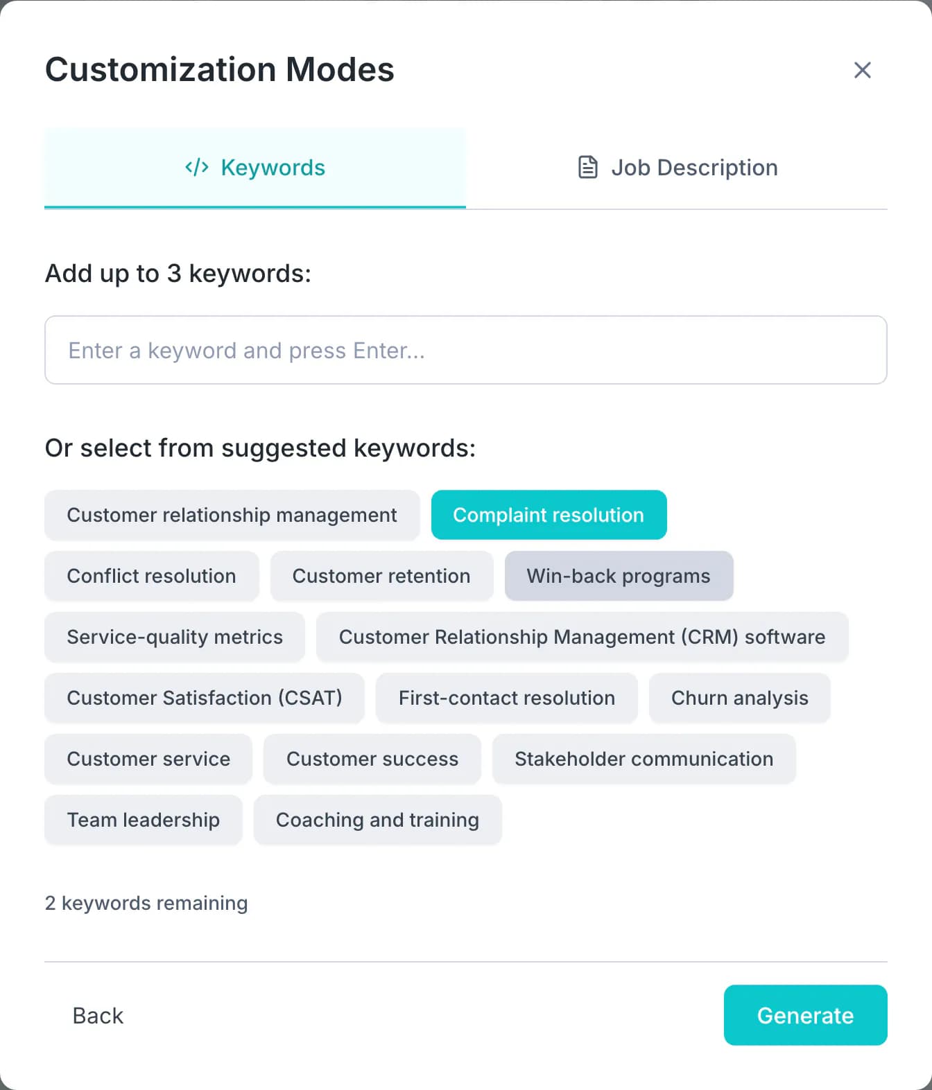 Painel Personalizar IA com palavras-chave sugeridas a partir de uma descrição de vaga