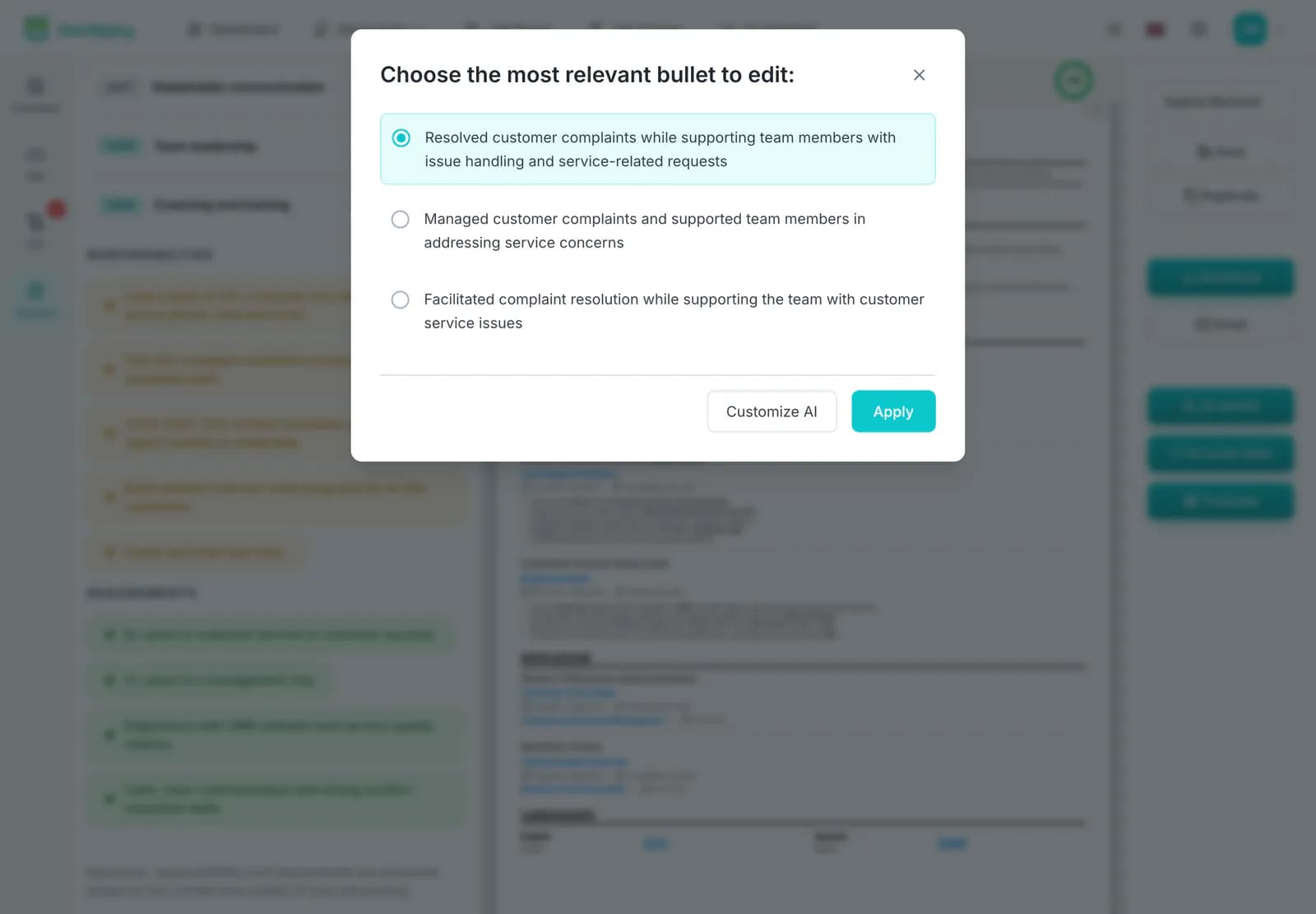 Janela de reescrita aberta a partir de um tópico no editor de currículo
