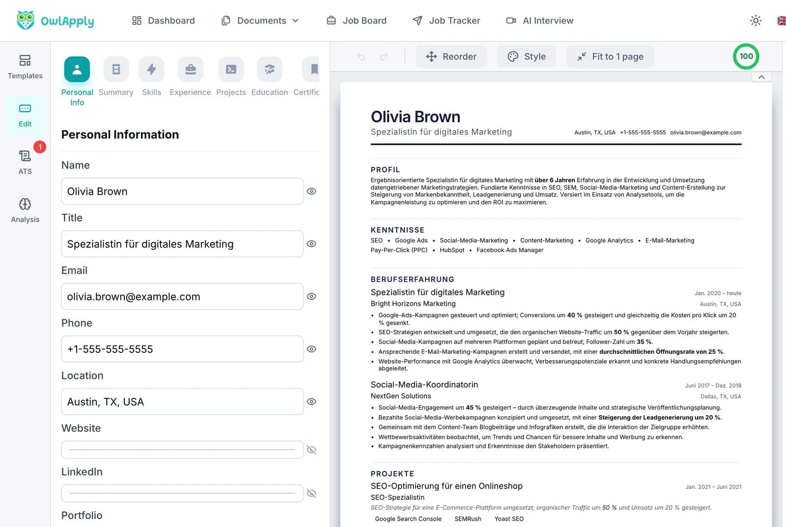 CV traduzido aberto no editor da OwlApply com o mesmo modelo do original