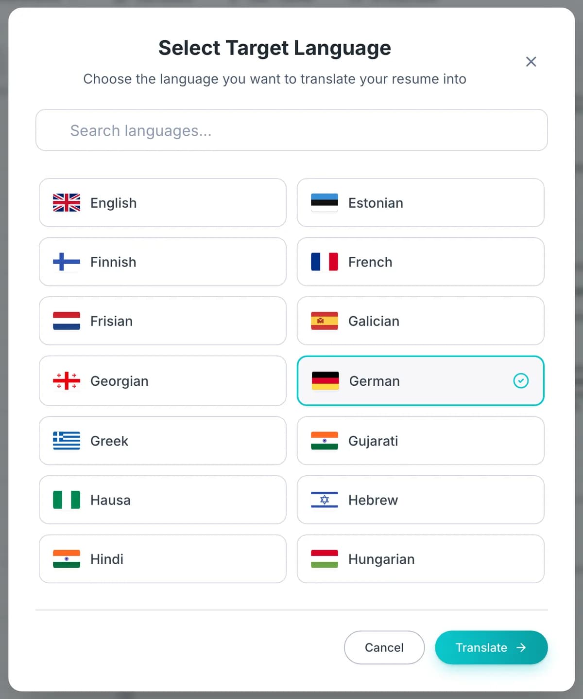 Seletor de idiomas da OwlApply com a lista de idiomas de destino e bandeiras