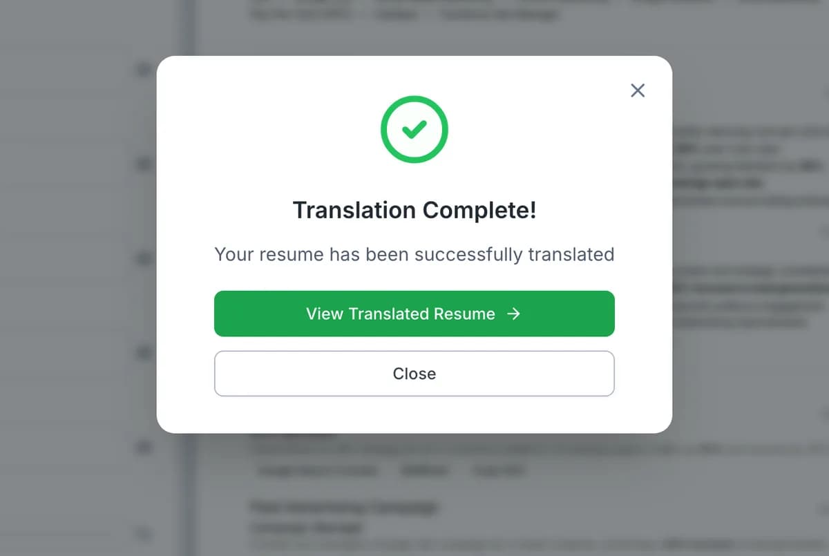 Mensagem de tradução concluída com um botão para ver o CV traduzido