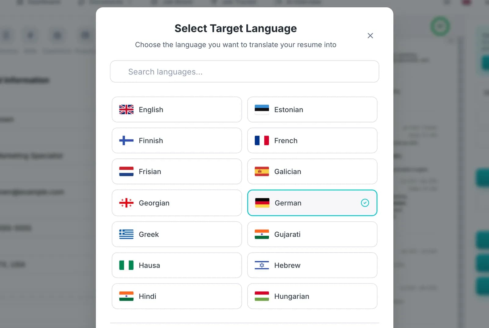 Janela de seleção do idioma de destino na OwlApply com um idioma escolhido