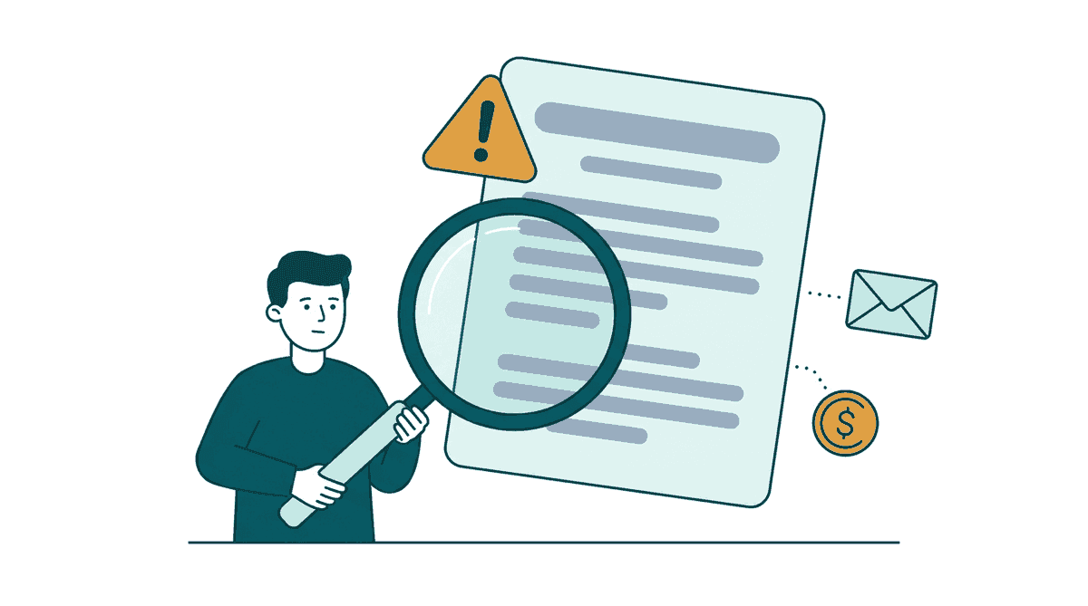A job seeker examining a remote job posting with a magnifying glass, with a warning sign on the listing
