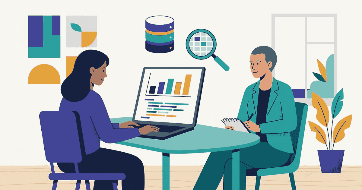 A data analyst at a shared screen writing a SQL query with a chart and an interviewer beside them