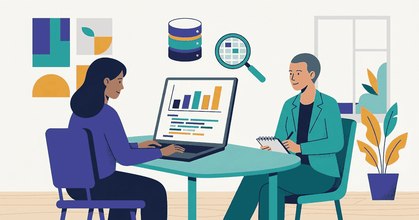 A data analyst at a shared screen writing a SQL query with a chart and an interviewer beside them