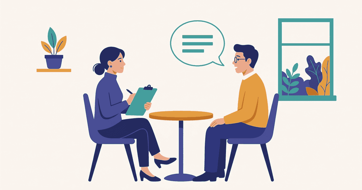 An HR interviewer and a candidate at a table, with the five things the HR round screens for listed beside them