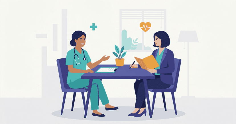 A nurse in an interview with a clipboard, with the words assess, act, escalate and document beside them