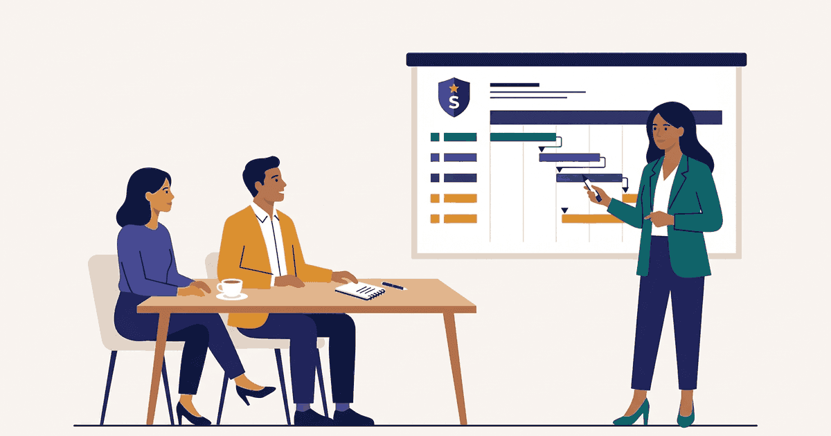 A project manager at a whiteboard with a timeline, a budget figure and a risk list, facing two interviewers