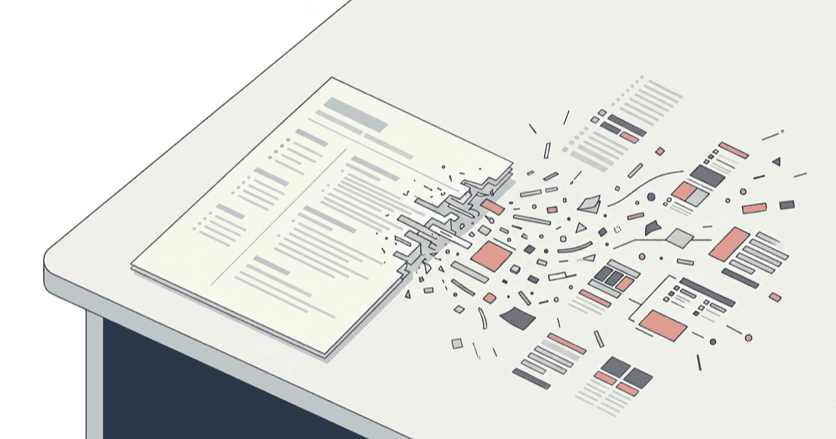 A resume being extracted into text fragments by an ATS parser, illustrating the OwlApply ATS resume statistics report