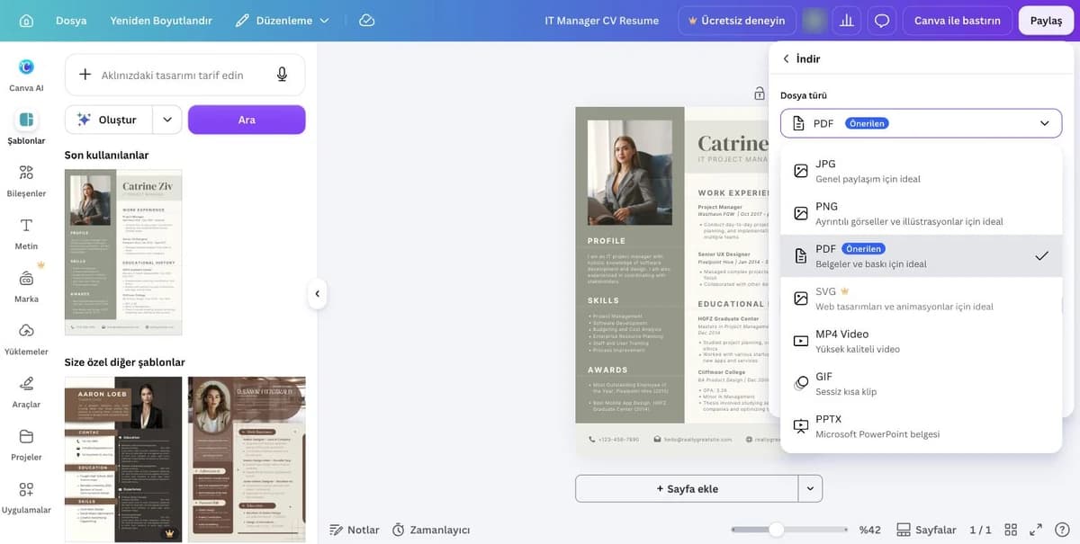 Canva editor download panel with the file type menu open, listing JPG, PNG, PDF marked recommended, SVG with a Pro crown, MP4 Video, GIF and PPTX