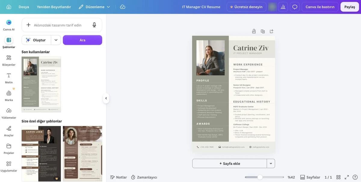 Canva editor showing a two-column IT Manager CV Resume template with a photo, side panel for profile and skills, and the template library on the left