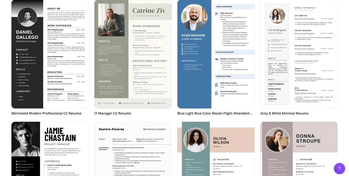 Canva's resume template gallery showing eight designs with photos, sidebars and two-column layouts, including Minimalist Modern Professional CV Resume and IT Manager CV Resume
