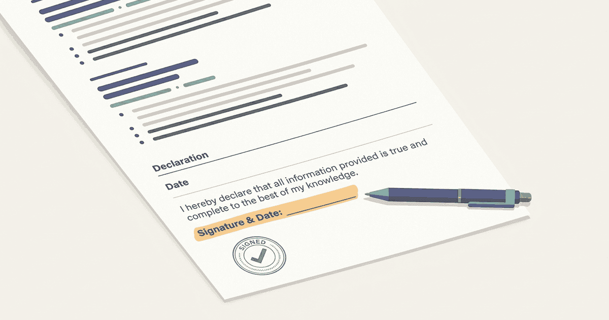 The bottom of a resume showing a one-line declaration with place, date and name, marked as optional