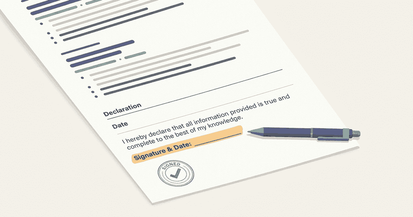 The bottom of a resume showing a one-line declaration with place, date and name, marked as optional