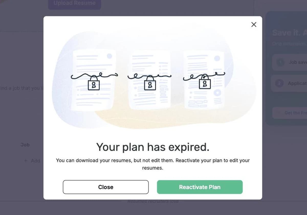 Enhancv modal reading Your plan has expired, you can download your resumes but not edit them, with Close and Reactivate Plan buttons