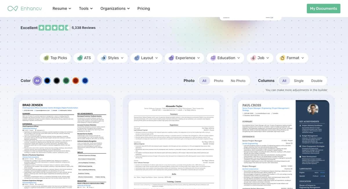 Enhancv resume template gallery with filters for Top Picks, ATS, Styles, Layout, Experience, Education, Job and Format, showing single- and two-column designs
