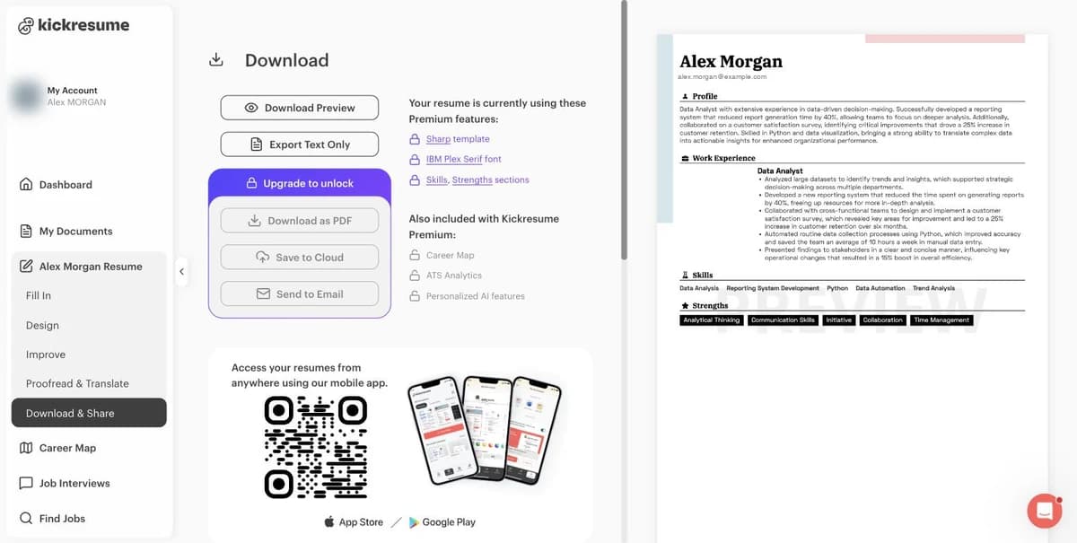 Kickresume Download page showing Download Preview and Export Text Only available, and Download as PDF, Save to Cloud and Send to Email greyed out under Upgrade to unlock, with a list of Premium features the resume uses