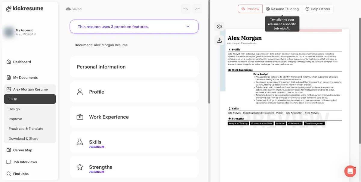 Kickresume editor with a banner reading This resume uses 3 premium features above the Personal Information, Profile, Work Experience, Skills and Strengths sections, with Skills and Strengths marked Premium