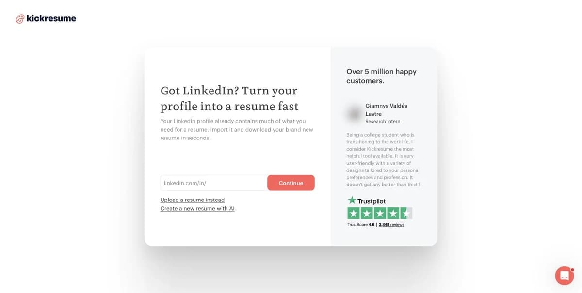 Kickresume onboarding screen titled Got LinkedIn? Turn your profile into a resume fast, with a linkedin.com/in/ field, a Continue button and links to upload a resume or create one with AI