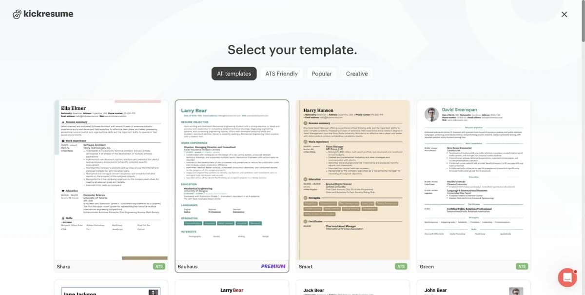 Kickresume template chooser with All templates, ATS Friendly, Popular and Creative filters, showing Sharp, Bauhaus, Smart and Green templates with ATS and PREMIUM badges