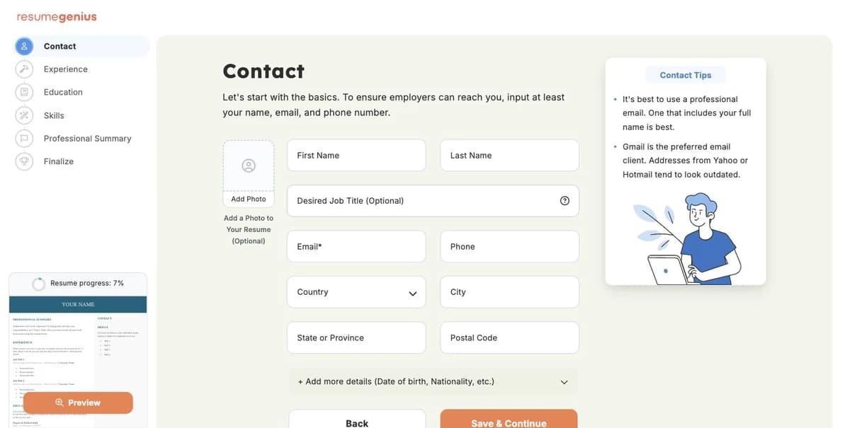 Resume Genius builder Contact step with First Name, Last Name, Desired Job Title, Email, Phone, Country, City and Postal Code fields, an Add Photo slot, Contact Tips on the right and a resume progress preview at 7%