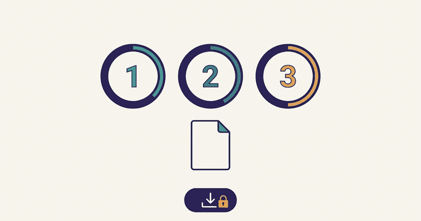 A step-by-step resume wizard screen with a document icon and a small padlock over the download button