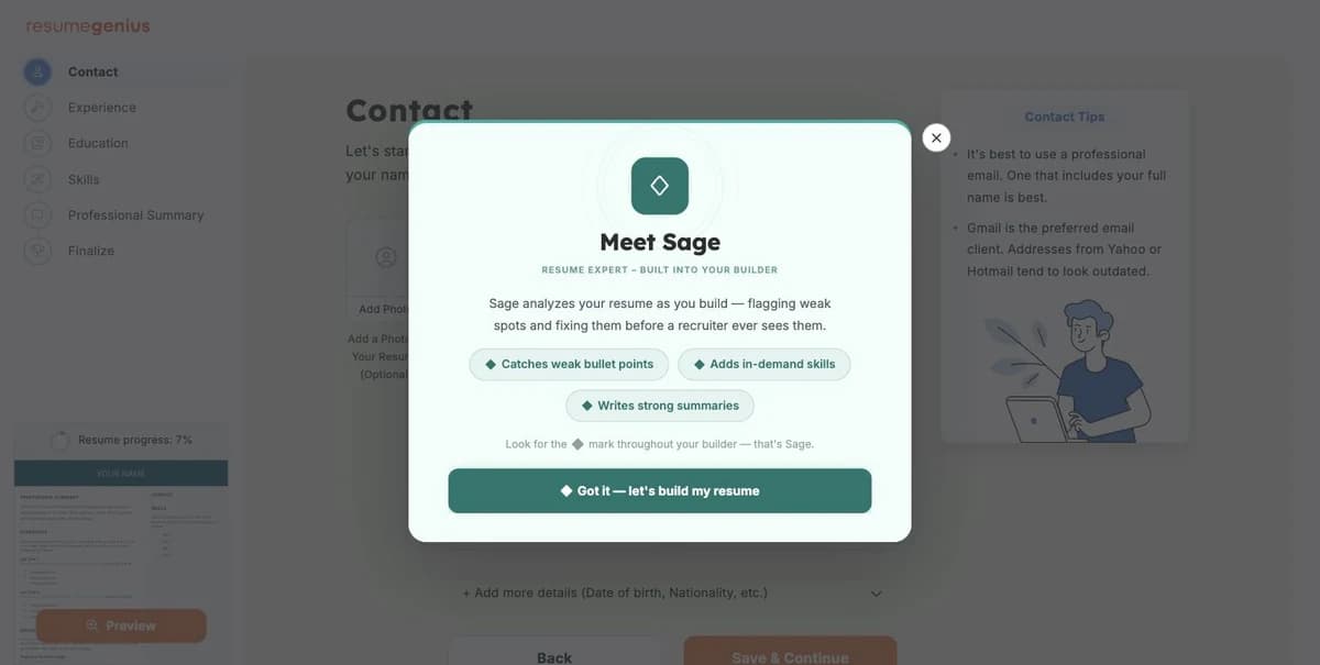 Resume Genius modal titled Meet Sage, resume expert built into your builder, listing catches weak bullet points, adds in-demand skills and writes strong summaries