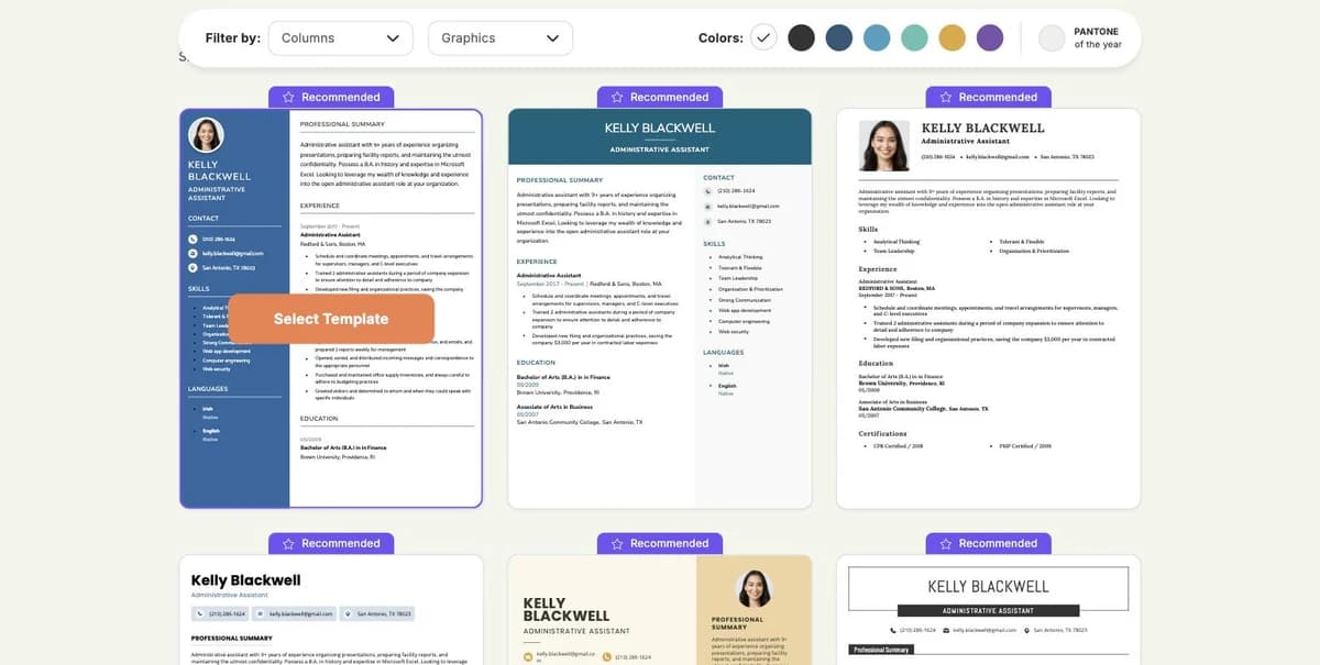 Resume Genius template gallery for 4 to 6 years of experience with Columns, Graphics and Colors filters and Recommended badges on single- and two-column designs