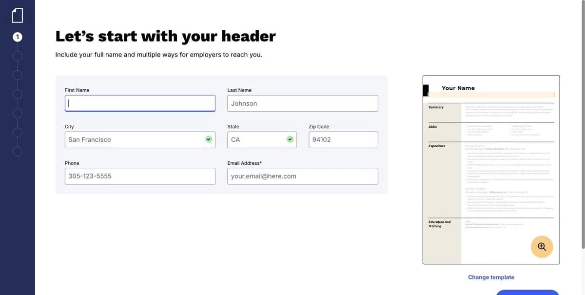 Resume Now builder header step with First Name, Last Name, City, State, Zip Code, Phone and Email fields and a live single-column template preview