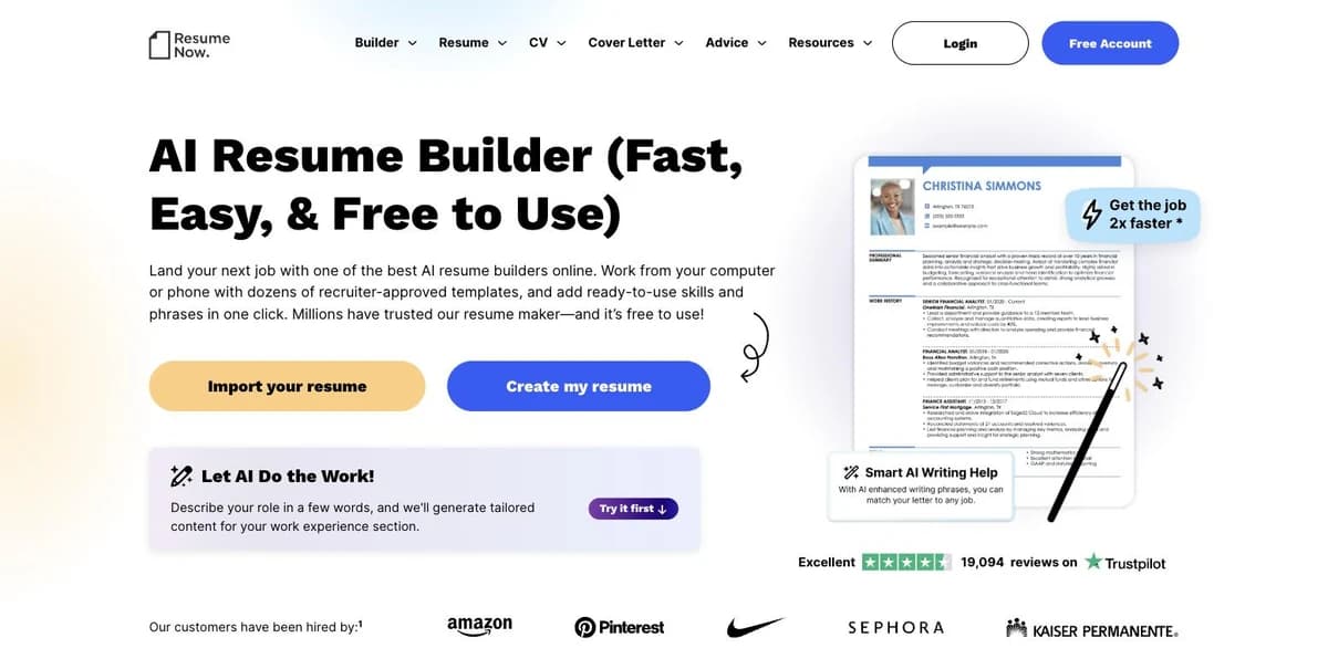 Resume Now homepage headline AI Resume Builder (Fast, Easy, & Free to Use) with Import your resume and Create my resume buttons