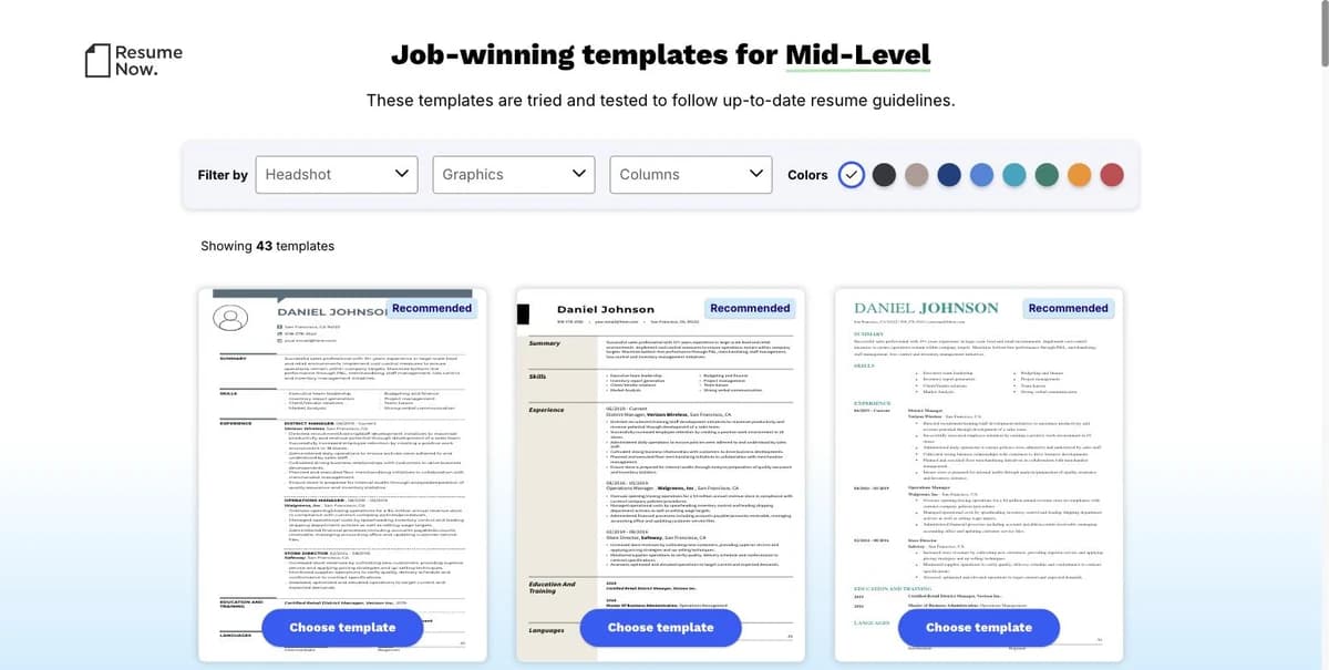 Resume Now template chooser titled Job-winning templates for Mid-Level with Headshot, Graphics and Columns filters, showing 43 templates with Recommended badges