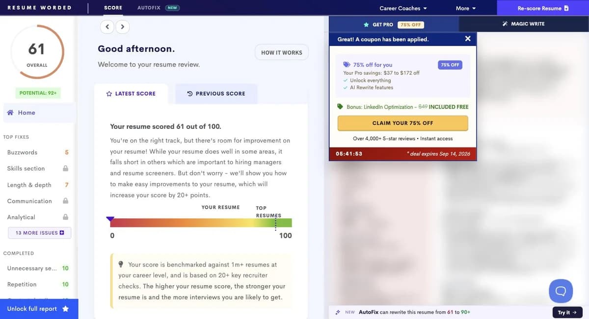 Resume Worded score page showing a score of 61 out of 100, locked categories in the sidebar, and a coupon pop-up reading Great! A coupon has been applied, 75% off for you, with a countdown timer and deal expires date